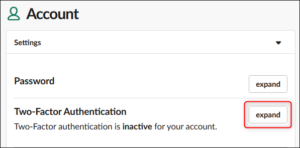 The two-factor authentication settings &quot;expand&quot; button