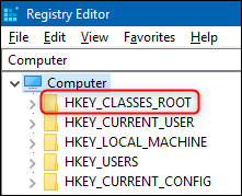 The Registry Editor showing the HKEY_CLASSES_ROOT key.