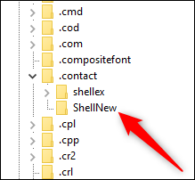 The .contact key expanded to show the ShellNew key.