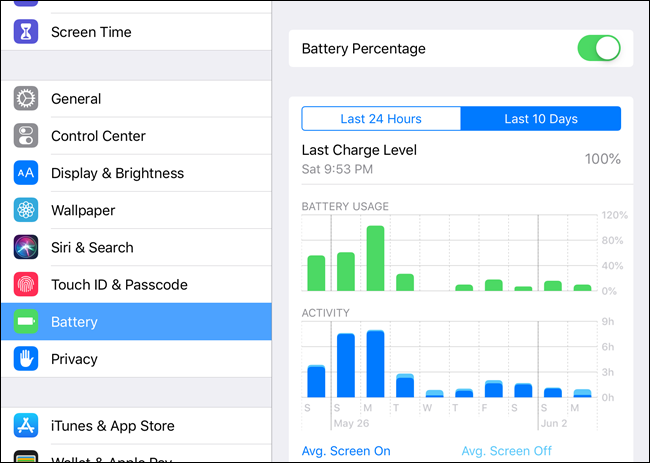 iOS Battery screen in Settings