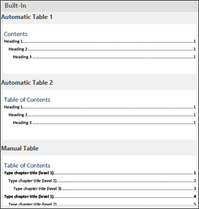 Built-In Table of Contents menu