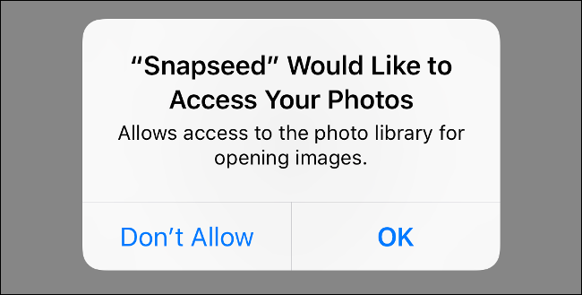 iOS app "Snapseed" requesting access to the Photos app