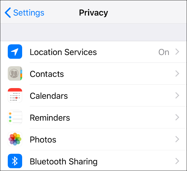 The iOS Privacy menu