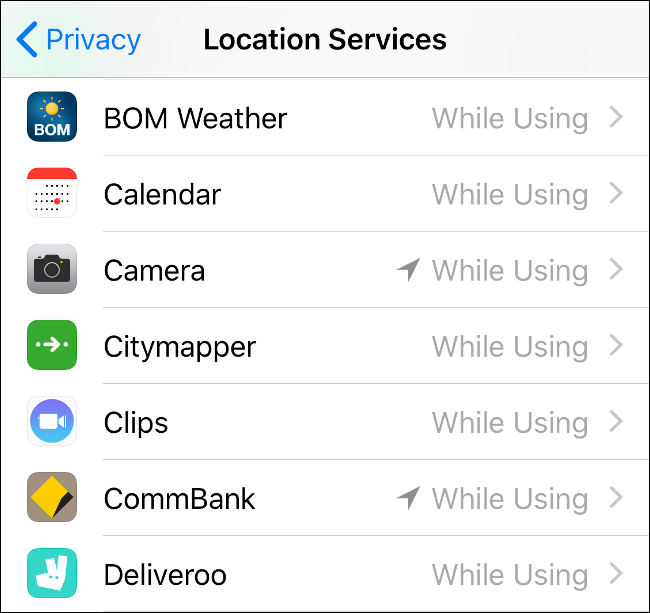 The iOS Location Services menu