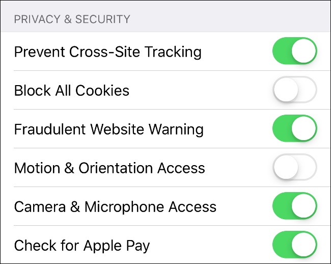 Safari's Privacy and Security settings for iOS