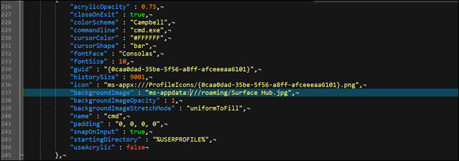 Windows terminal json configuration file, showing a custom background option.