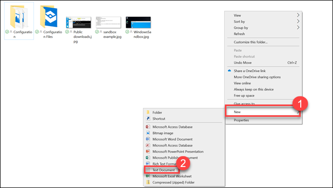 File explorer submenu with arrows pointing to New and Text Document