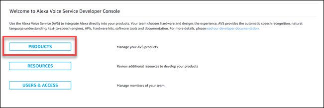 Alexa developer dialog with box around Products option.
