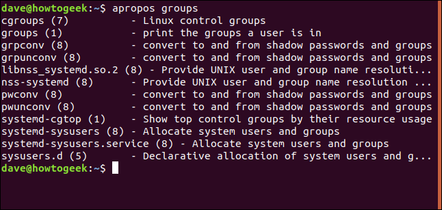 apropos results for group in a terminal window