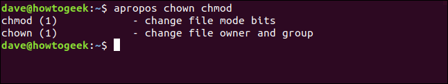 apropos results for chmod and chown in a terminal window.