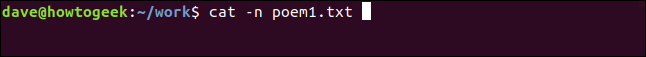 cat -n poem1.txt in a terminal window