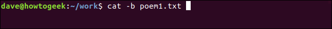 cat -b poem1.txt in a terminal window