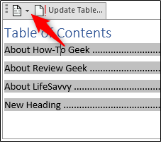 drop-down arrow for removing the table of contents menu