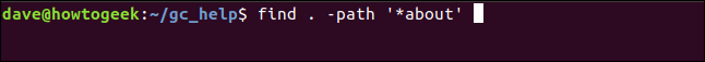 find . -path '*about' in a terminal window