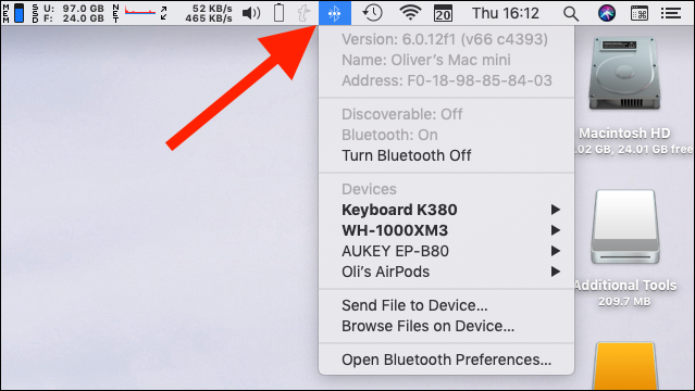 Hold the Option key and click the "Bluetooth" icon