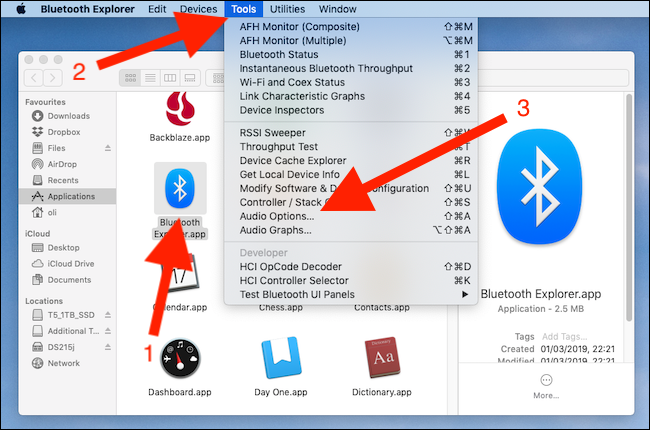 Double click Bluetooth Explorer. Click Tools. Click audio options