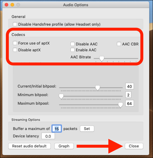 Check the enable aptX and AAC boxes