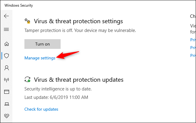 Manage settings link for Virus &amp; threat protection settings