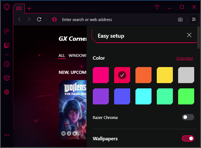 Opera GX color and Razer Chroma options