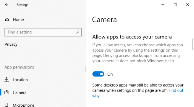 Option to disable camera access for applications in Windows 10's Settings app