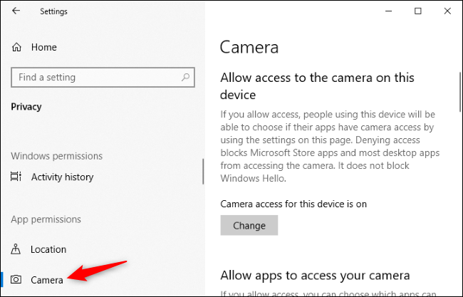Settings &gt; Privacy &gt; Camera pane on Windows 10