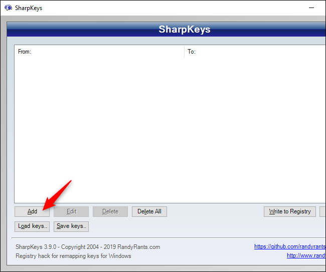SharpKeys window showing Add button