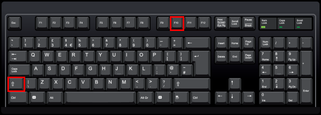 Shift and F10 keys highlighted on a PC keyboard
