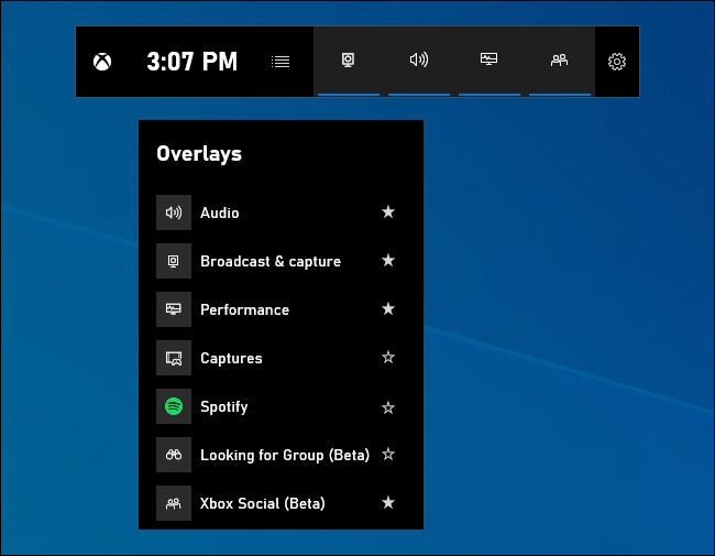Game bar overlays menu