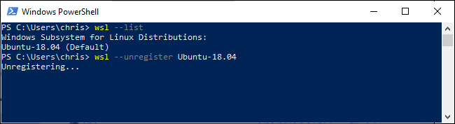 Unregistering or deleting a Linux environment from Windows 10's command line