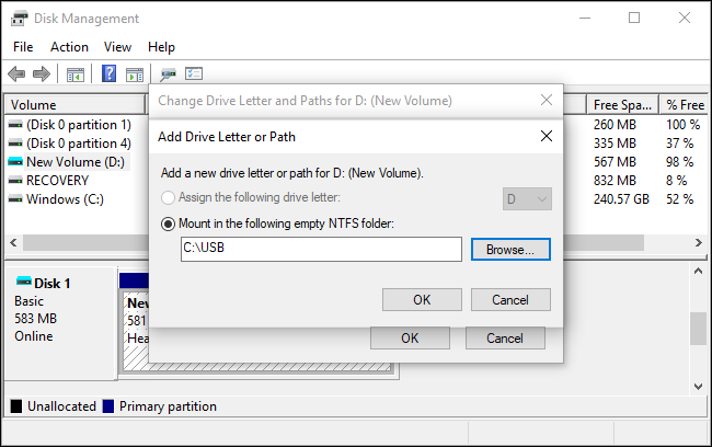 Mounting a drive at an empty NTFS folder on Windows 10.