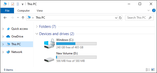 This PC view showing C: and D: drives on Windows 10