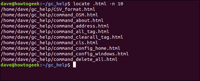 search results from located limited to 10 results in a terminal window