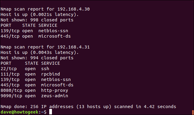 nmap output in a terminal window