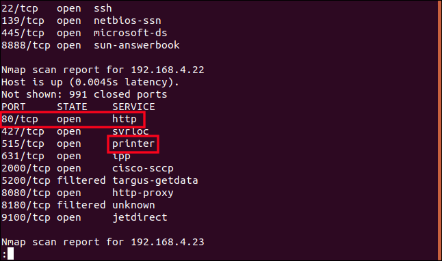 nmap results for a samsung printer in a terminal window