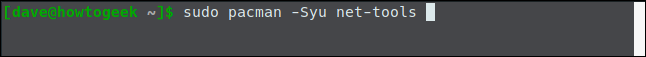 sudo pacman -Syu net-tools in a terminal window