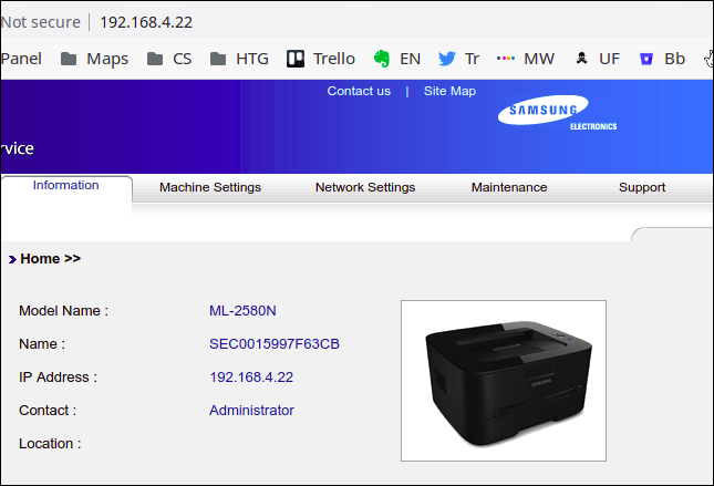 Samsung printer embedded web server in a browser window