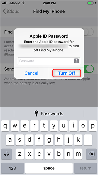 enter your password and tap turn off
