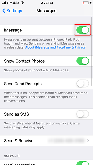 Turn off the toggle next to iMessage