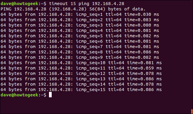 terminated ping session in a terminal window
