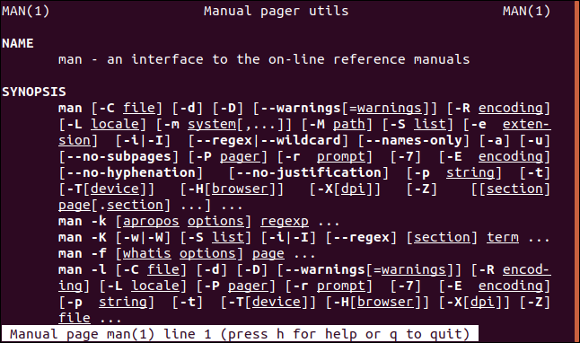 man page open at section one in a terminal window