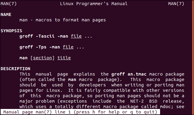 man page open at section seven in a terminal window