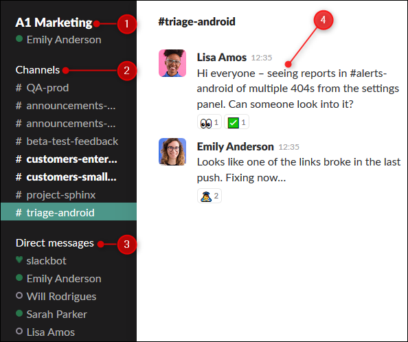The Slack interface with the instance name, list of channels and DMs, and the chat window