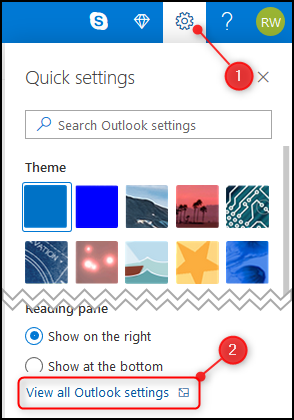 The Outlook &quot;Quick settings&quot; panel with the &quot;View all Outlook settings&quot; option highlighted