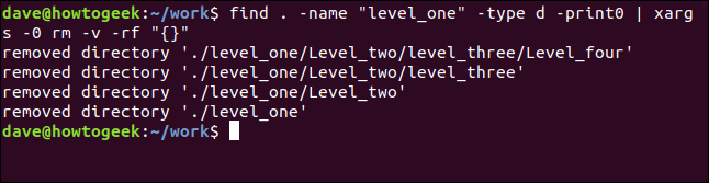 output from find and xargs and rm in a terminal window