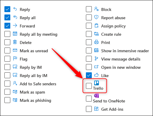 The action checkboxes with the Trello add-in highlighted