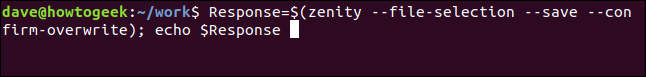 Response=$(zenity --file-selection --save --confirm-overwrite); echo $Response in a terminal window