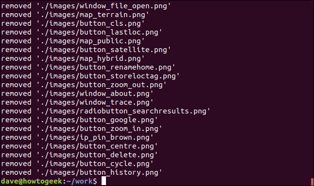 Output of rm in a terminal window