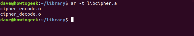 ar -t libcipher.a in a terminal window