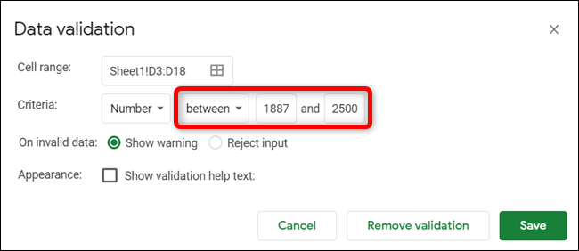 Click the type of validation you want to use, and then type the range.