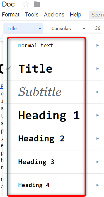 The titles and headings font drop-down menu.
